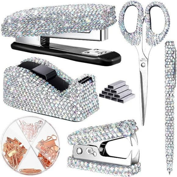 6 Pcs Bling Office Desk Accessories Set Crystal School Stationery Kit - Picture 1 of 6